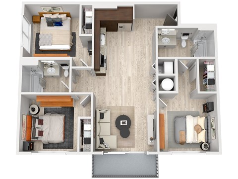Floor plan for 3 beds, 2 baths, 1047 sqft